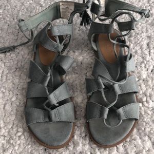 Light teal tie up suede gladiator sandals